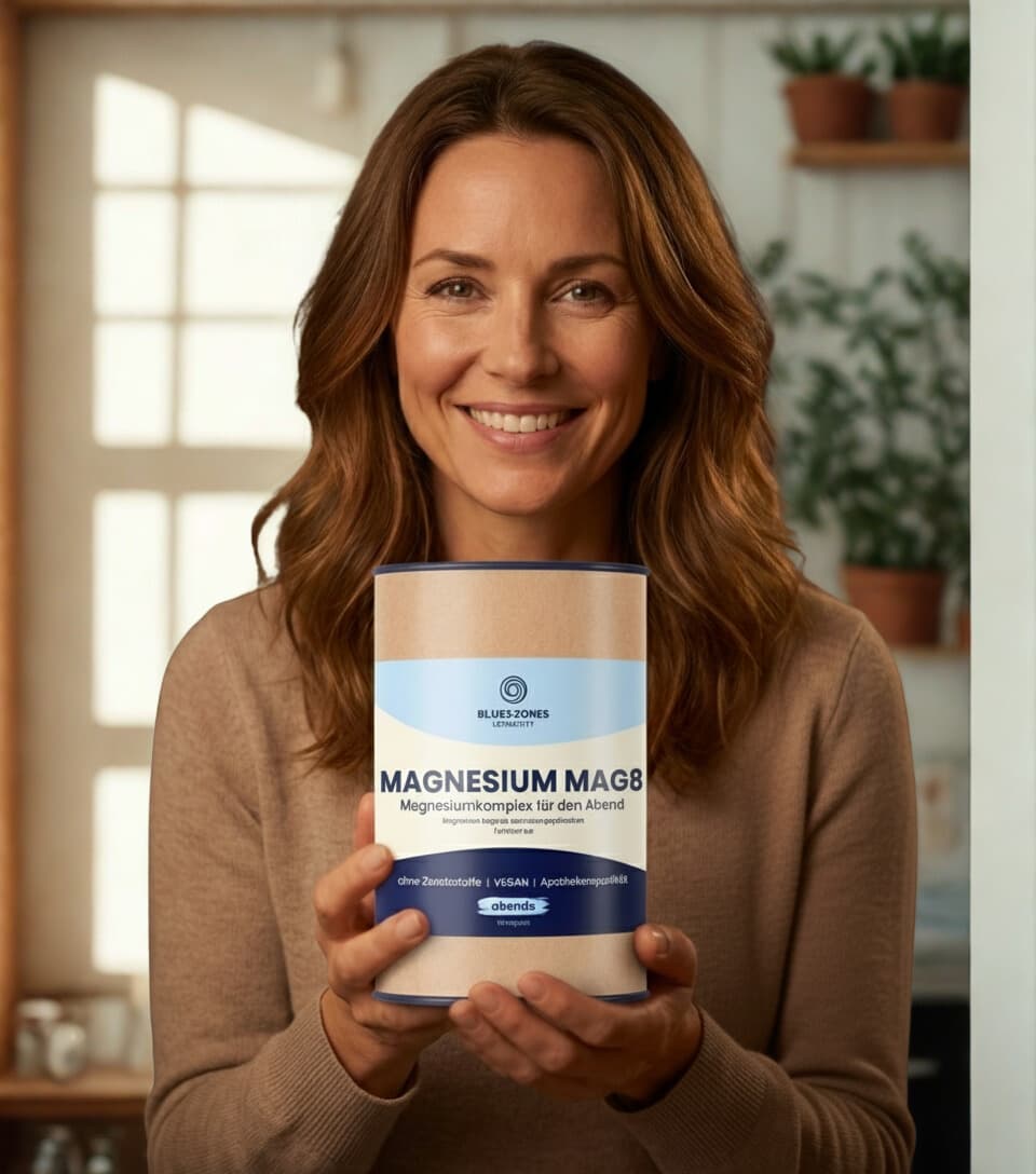 Lächelnde Frau mit MAG8 Magnesium-Präparat